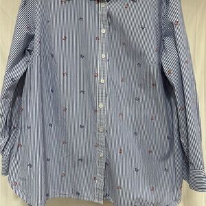 Talbots Navy and White Striped Shirt with Embroidery